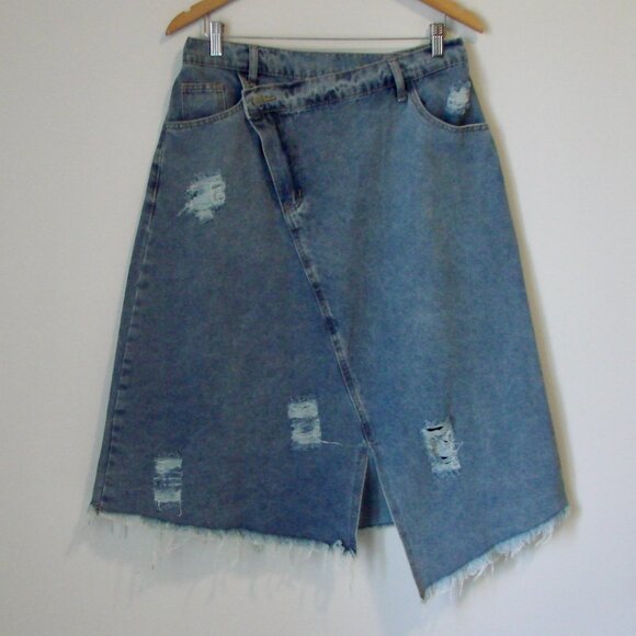 Denim Distressed Midi Skirt Western Cowgirl Boho Raw Hem SHEIN Curve 0XL or 12 - Picture 3 of 14